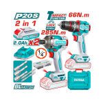 Kit Taladro Percutor 66Nm + Atornillador de Impacto 285Nm Inalambrico 20V TCKLI20277 Total