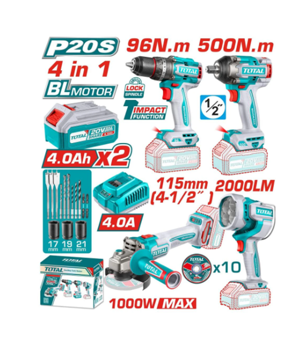 TOSLI241292 Kit Taladro Percutor 96nm + Esmeril Angular + Llave de Impacto + Lampara Inalambrico TOSLI241292 Total - Imagen 1