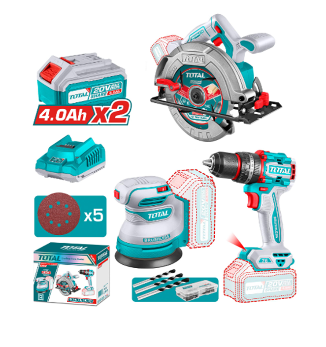 tosli250181 Kit Taladro Percutor 76nm + Lijadora Rotorbital + Sierra Circular Inalambrica TOSLI250181 Total - Imagen 1